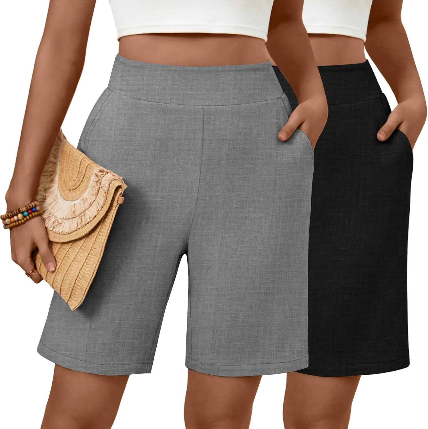 Huukeay 2 Pack Women's Linen Shorts Summer Casual Wide Leg Elastic Waistband Bermuda Shorts with Pockets