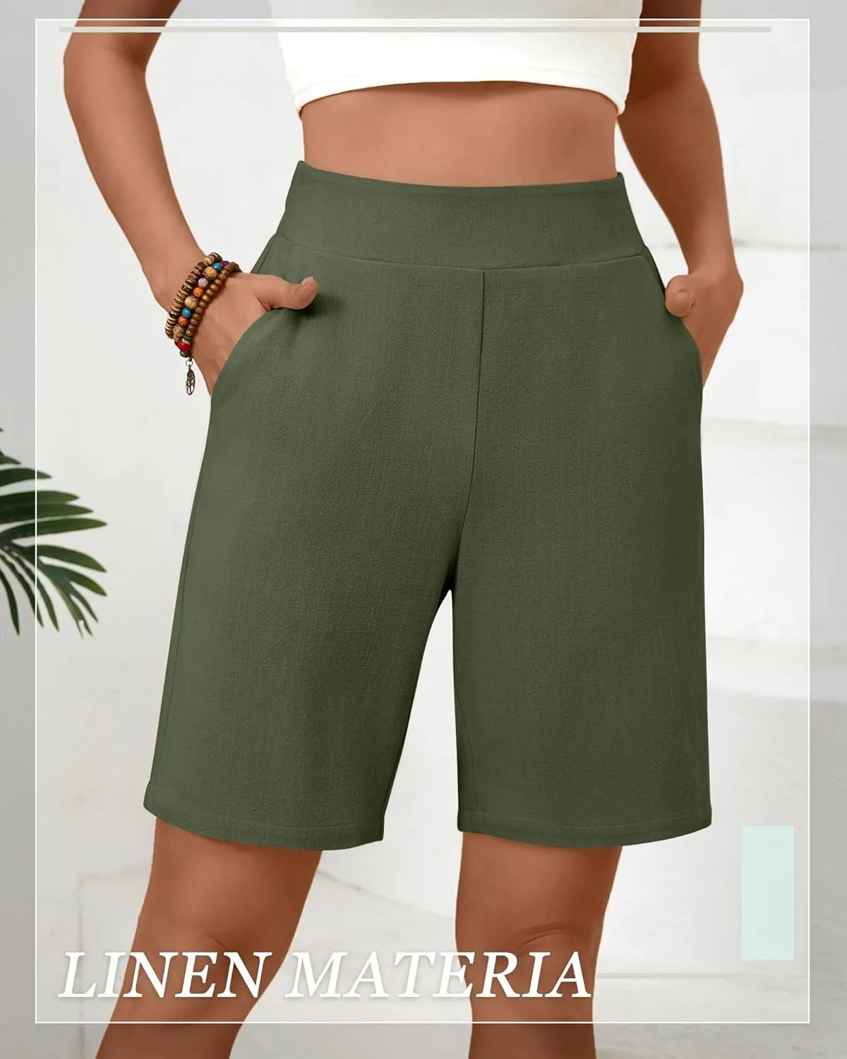 Huukeay 2 Pack Women's Linen Shorts Summer Casual Wide Leg Elastic Waistband Bermuda Shorts with Pockets