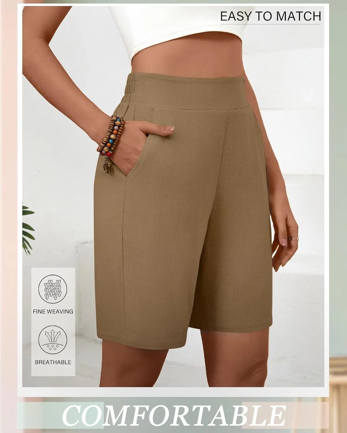 Huukeay 2 Pack Women's Linen Shorts Summer Casual Wide Leg Elastic Waistband Bermuda Shorts with Pockets