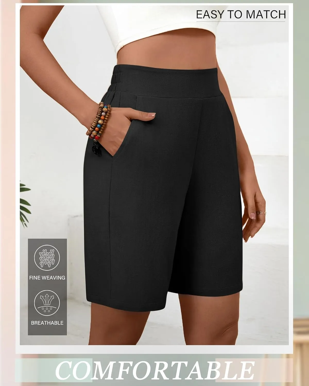 Huukeay 2 Pack Women's Linen Shorts Summer Casual Wide Leg Elastic Waistband Bermuda Shorts with Pockets