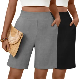 Huukeay 2 Pack Women's Linen Shorts Summer Casual Wide Leg Elastic Waistband Bermuda Shorts with Pockets