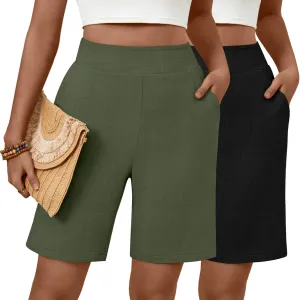 Huukeay 2 Pack Women's Linen Shorts Summer Casual Wide Leg Elastic Waistband Bermuda Shorts with Pockets