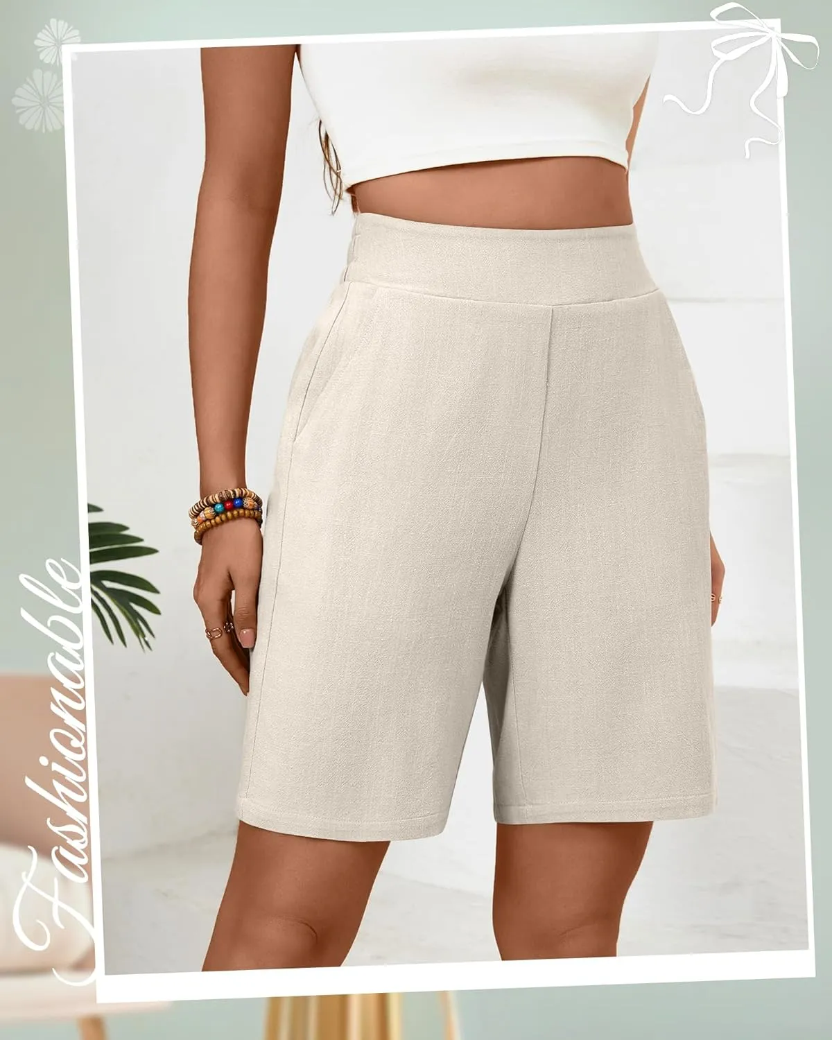 Huukeay 2 Pack Women's Linen Shorts Summer Casual Wide Leg Elastic Waistband Bermuda Shorts with Pockets