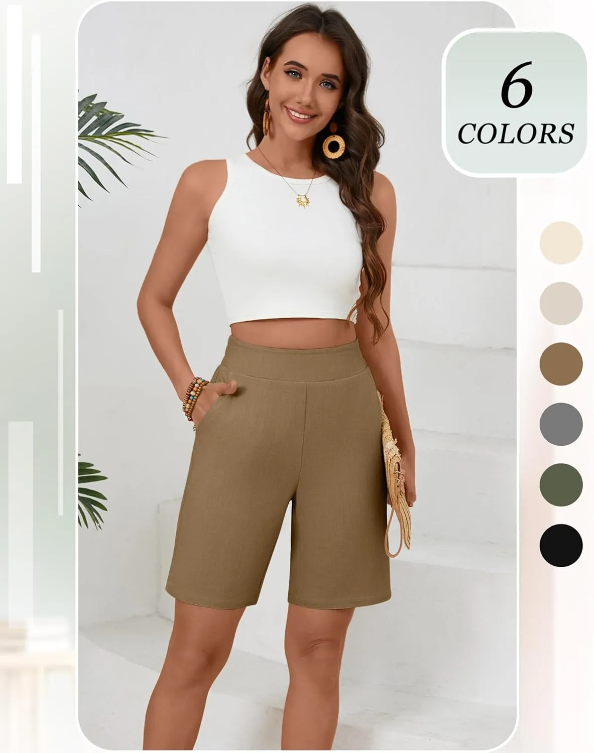 Huukeay 2 Pack Women's Linen Shorts Summer Casual Wide Leg Elastic Waistband Bermuda Shorts with Pockets