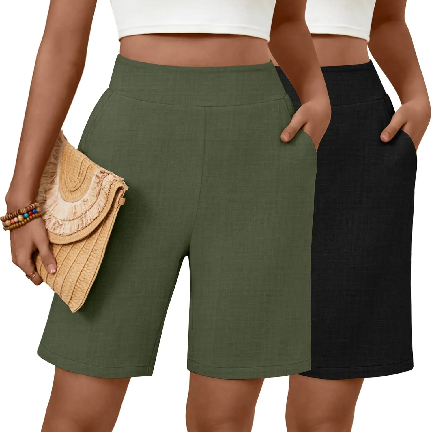 Huukeay 2 Pack Women's Linen Shorts Summer Casual Wide Leg Elastic Waistband Bermuda Shorts with Pockets