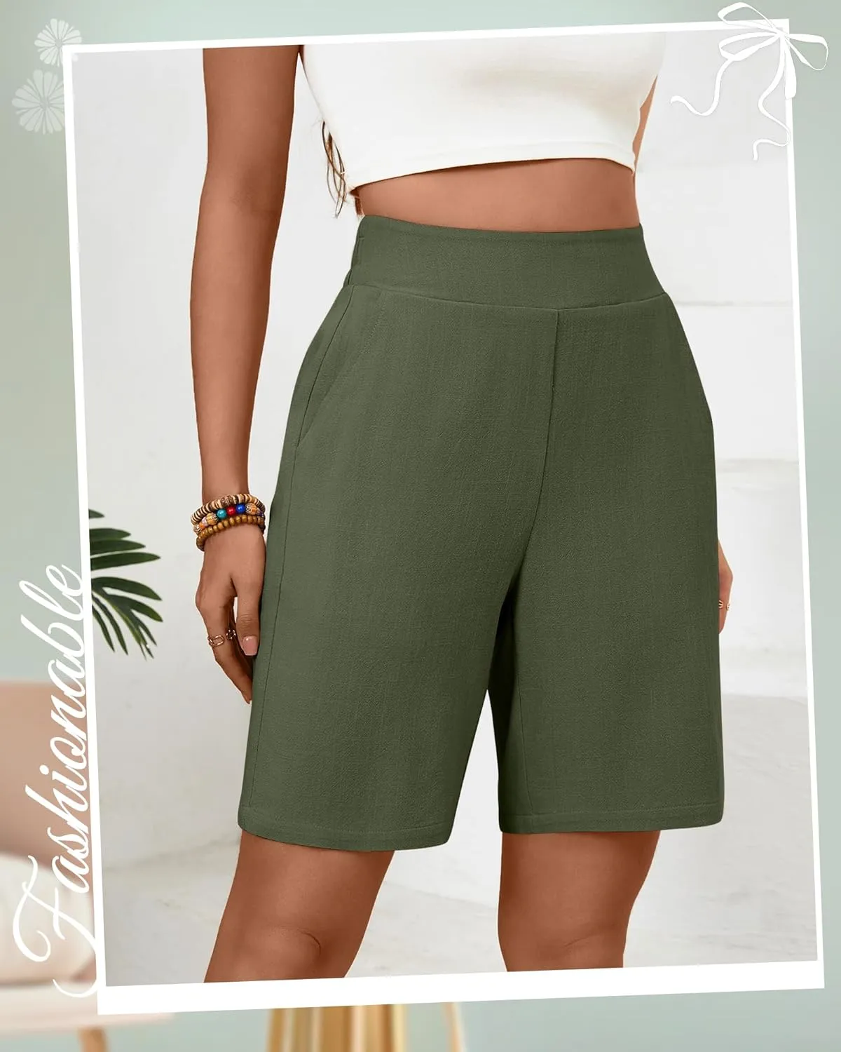Huukeay 2 Pack Women's Linen Shorts Summer Casual Wide Leg Elastic Waistband Bermuda Shorts with Pockets