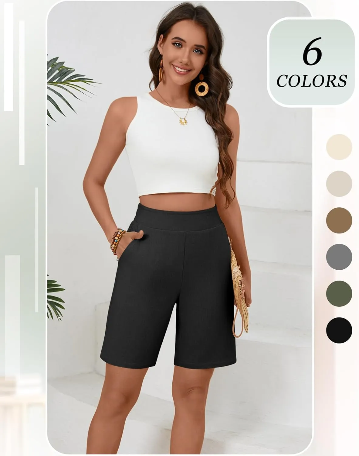 Huukeay 2 Pack Women's Linen Shorts Summer Casual Wide Leg Elastic Waistband Bermuda Shorts with Pockets