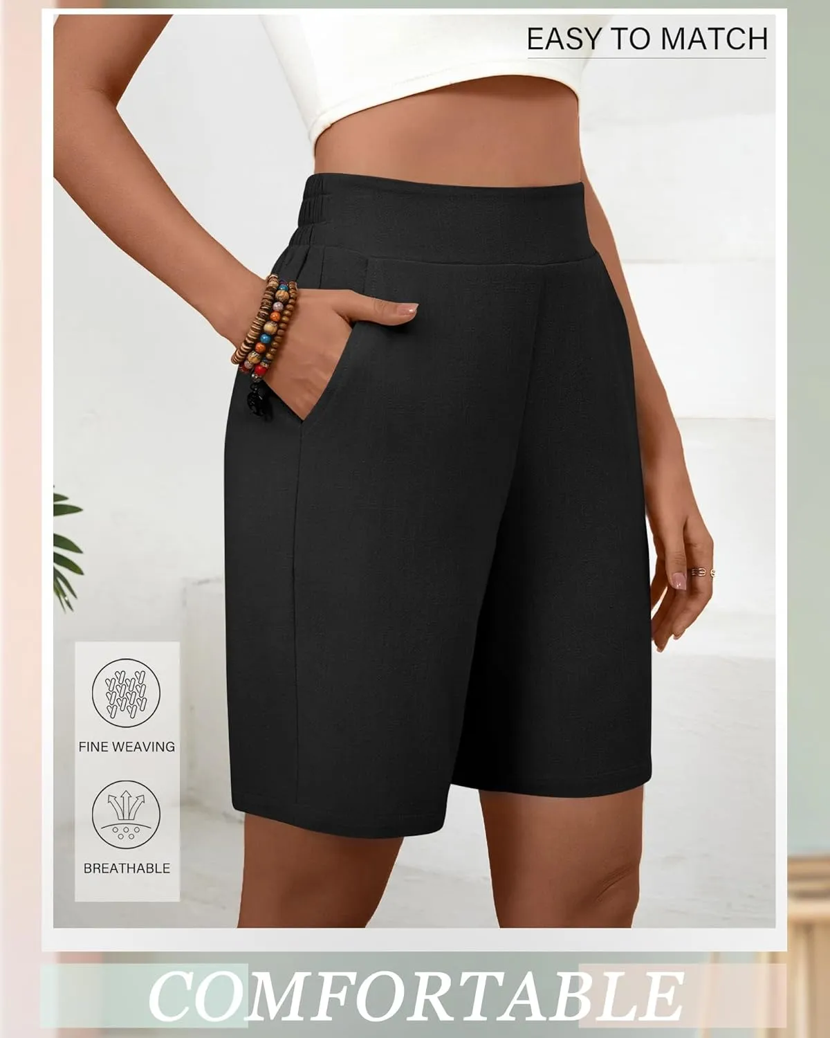 Huukeay 2 Pack Women's Linen Shorts Summer Casual Wide Leg Elastic Waistband Bermuda Shorts with Pockets