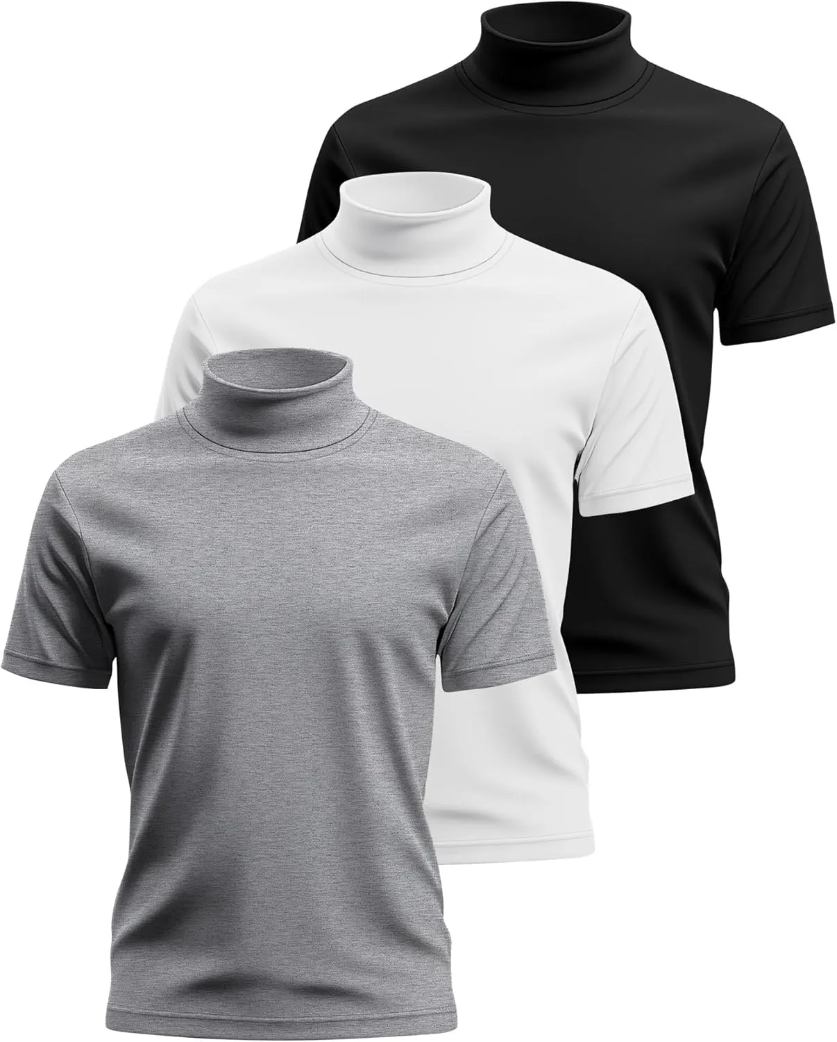 Huukeay 3 Pack Men's Big and Tall Turtleneck Shirt, Cotton Short Sleeve Mock Neck Tops Loose Fit Basic Casual Undershirt Tee