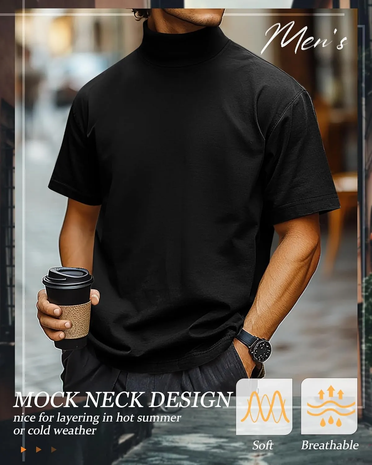 Huukeay 3 Pack Men's Big and Tall Turtleneck Shirt, Cotton Short Sleeve Mock Neck Tops Loose Fit Basic Casual Undershirt Tee