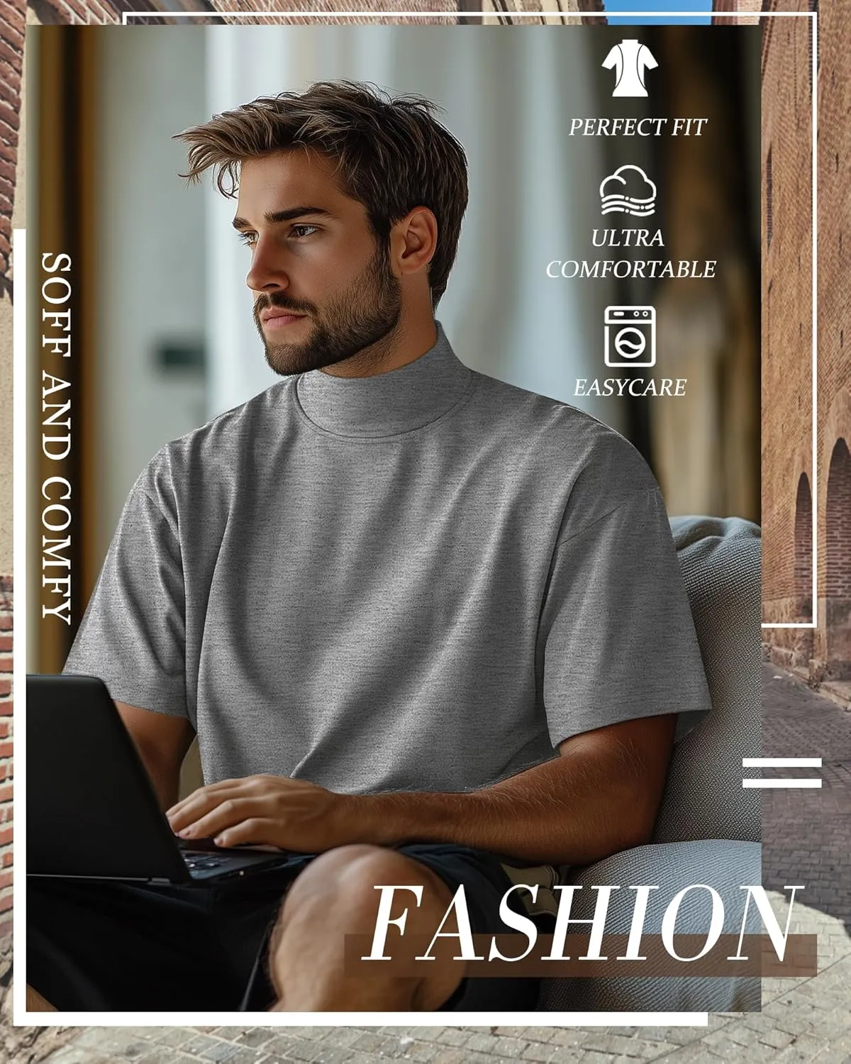 Huukeay 3 Pack Men's Big and Tall Turtleneck Shirt, Cotton Short Sleeve Mock Neck Tops Loose Fit Basic Casual Undershirt Tee