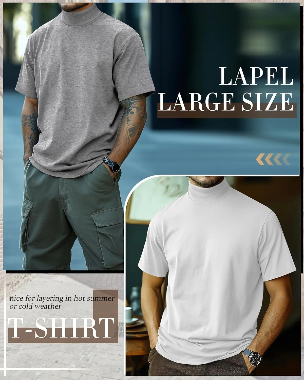 Huukeay 3 Pack Men's Big and Tall Turtleneck Shirt, Cotton Short Sleeve Mock Neck Tops Loose Fit Basic Casual Undershirt Tee