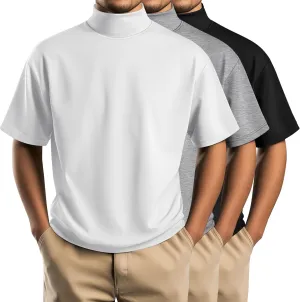 Huukeay 3 Pack Men's Big and Tall Turtleneck Shirt, Cotton Short Sleeve Mock Neck Tops Loose Fit Basic Casual Undershirt Tee