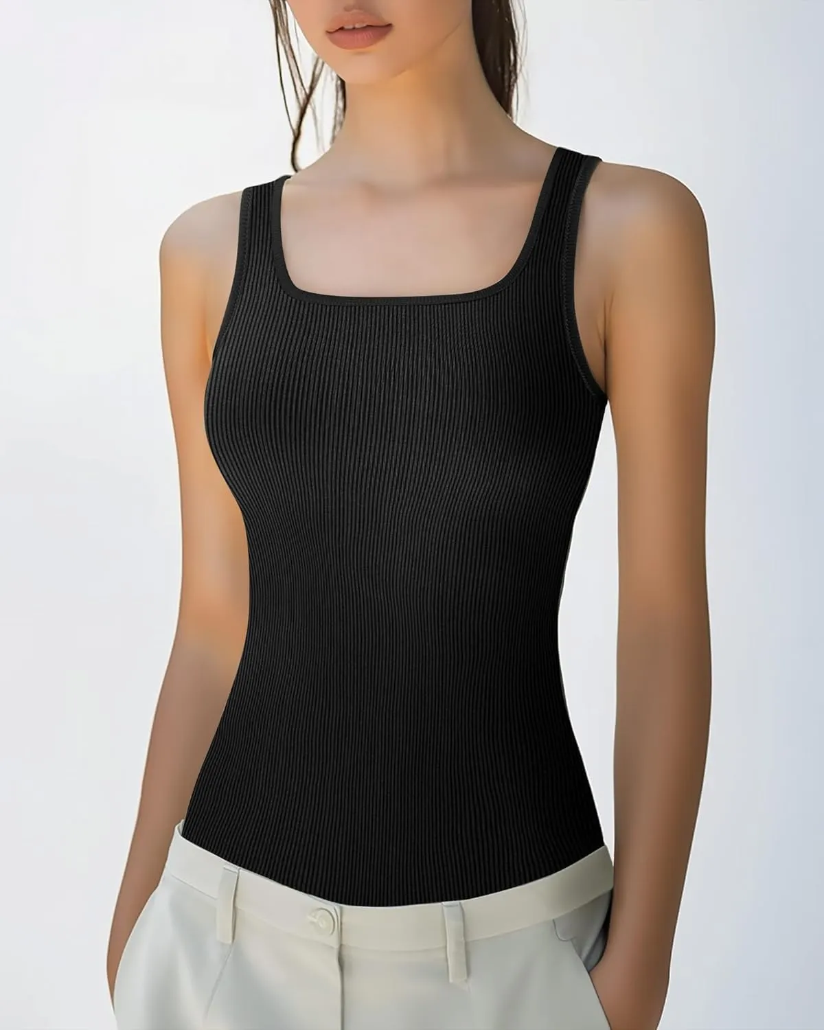 Huukeay 3 Pack Women's Cotton Ribbed Tank Tops, Square Neck Slim Fit Sleeveless Shirts Summer Knit Casual Basic Cami Tee