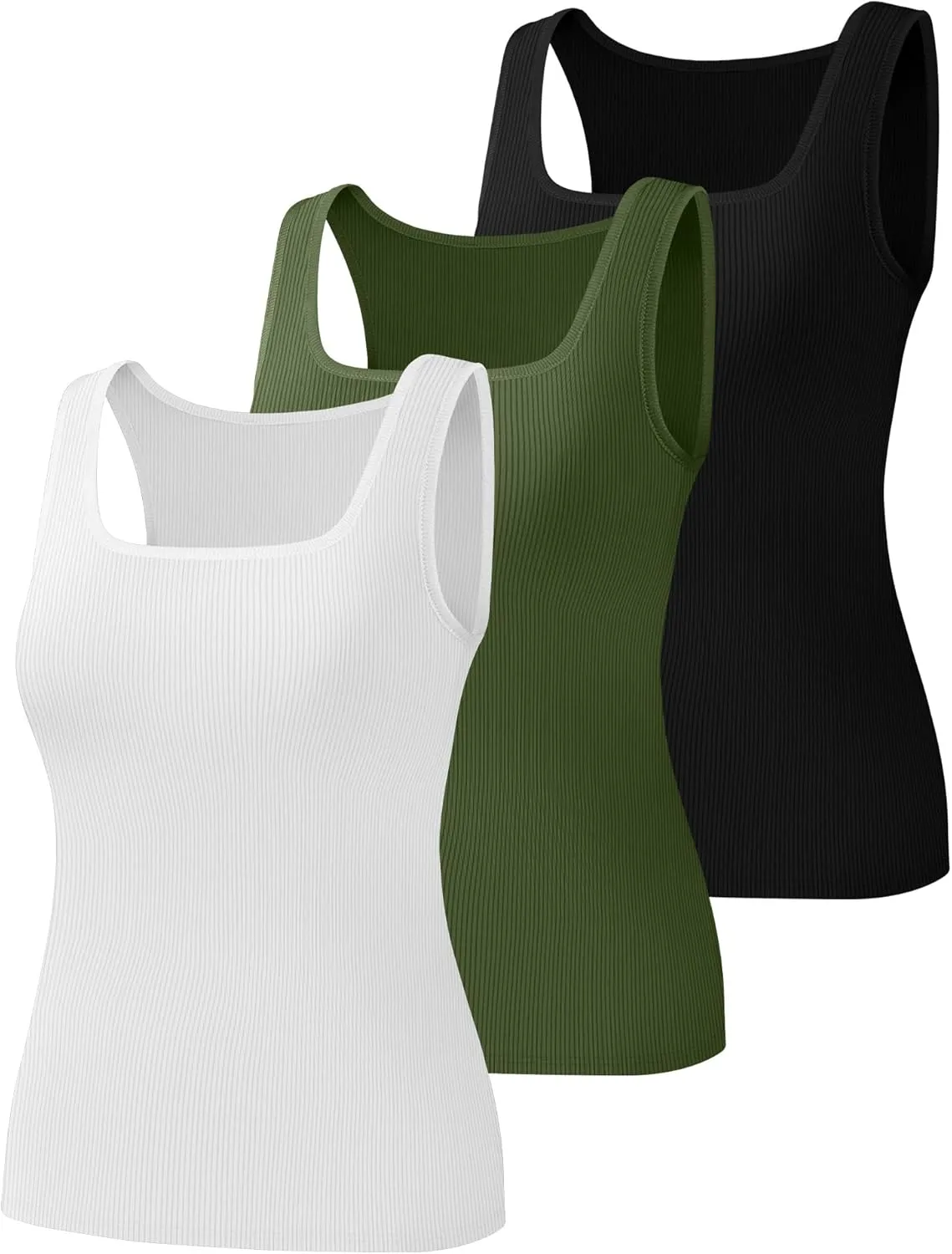 Huukeay 3 Pack Women's Cotton Ribbed Tank Tops, Square Neck Slim Fit Sleeveless Shirts Summer Knit Casual Basic Cami Tee