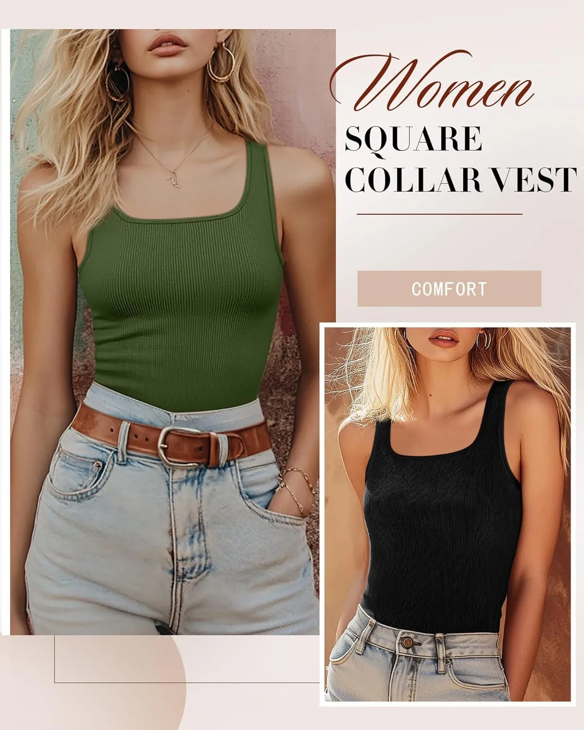 Huukeay 3 Pack Women's Cotton Ribbed Tank Tops, Square Neck Slim Fit Sleeveless Shirts Summer Knit Casual Basic Cami Tee