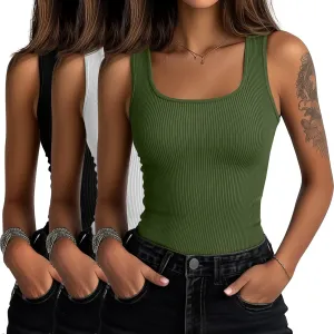 Huukeay 3 Pack Women's Cotton Ribbed Tank Tops, Square Neck Slim Fit Sleeveless Shirts Summer Knit Casual Basic Cami Tee