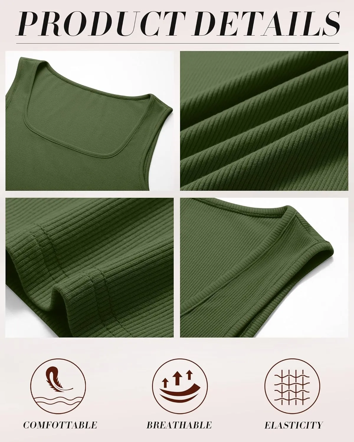 Huukeay 3 Pack Women's Cotton Ribbed Tank Tops, Square Neck Slim Fit Sleeveless Shirts Summer Knit Casual Basic Cami Tee