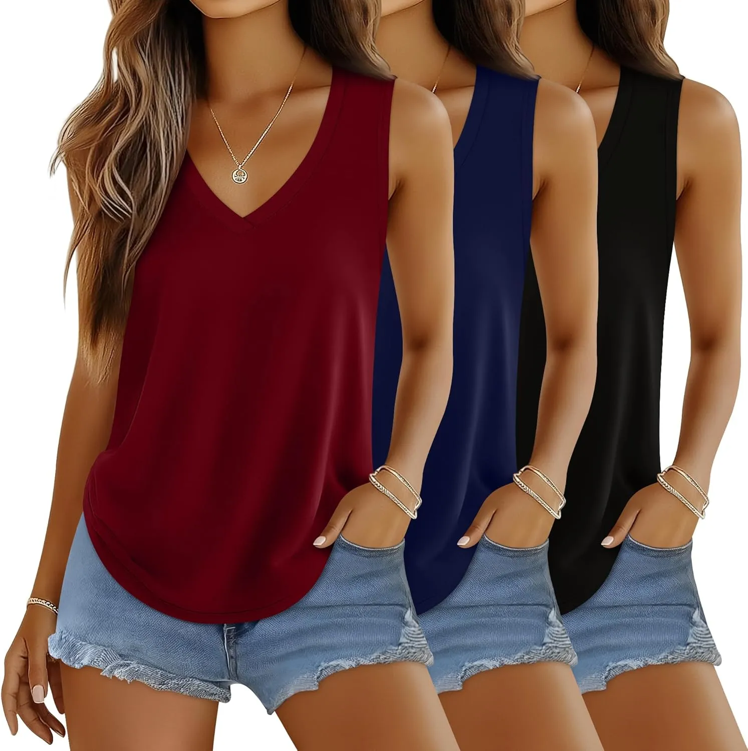 Huukeay 3 Pack Women's Tank Tops V Neck Loose Fit Casual Shirts Flowy Trendy Sleeveless Summer Basic Tee 2025 Fashion