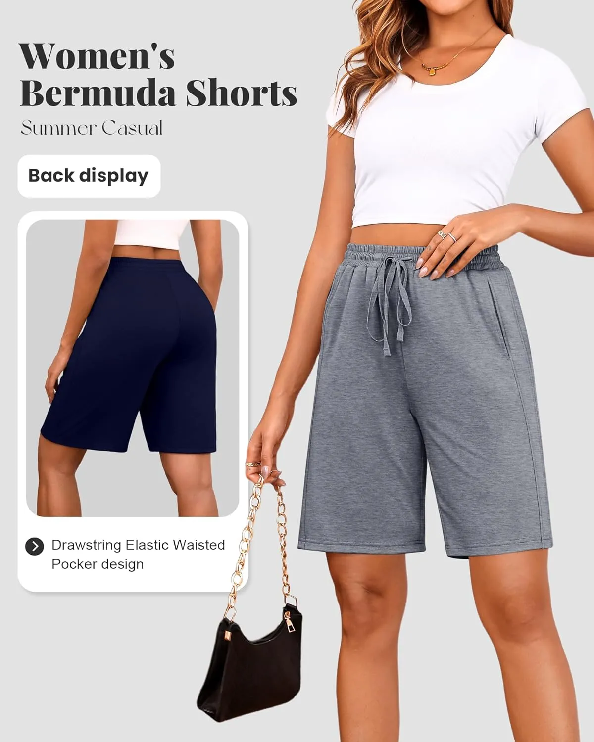 Huukeay 4 Pack Bermuda Shorts for Women Drawstring Elastic Waist Sweat Cotton Wide Leg Long Shorts