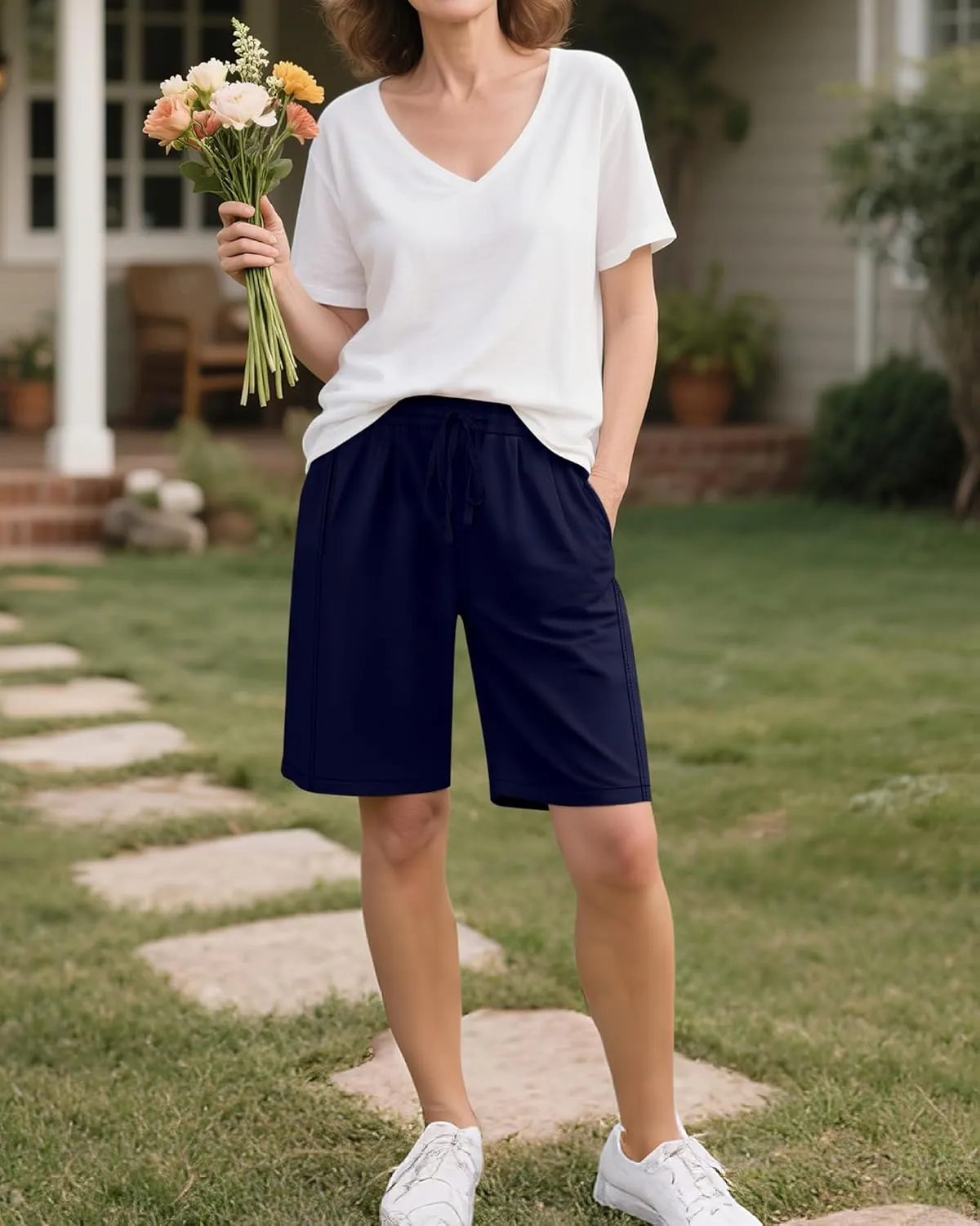 Huukeay 4 Pack Bermuda Shorts for Women Drawstring Elastic Waist Sweat Cotton Wide Leg Long Shorts