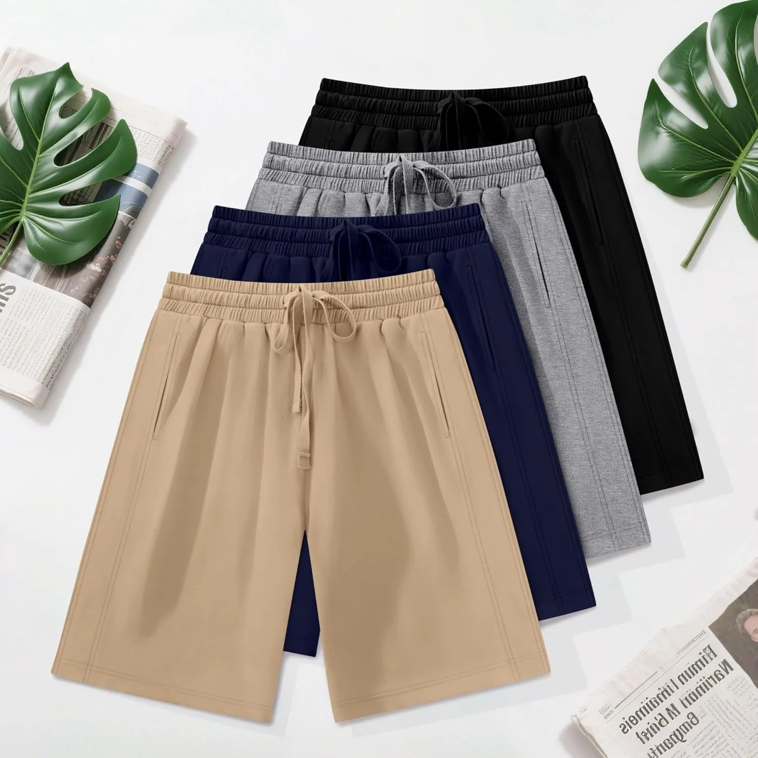 Huukeay 4 Pack Bermuda Shorts for Women Drawstring Elastic Waist Sweat Cotton Wide Leg Long Shorts
