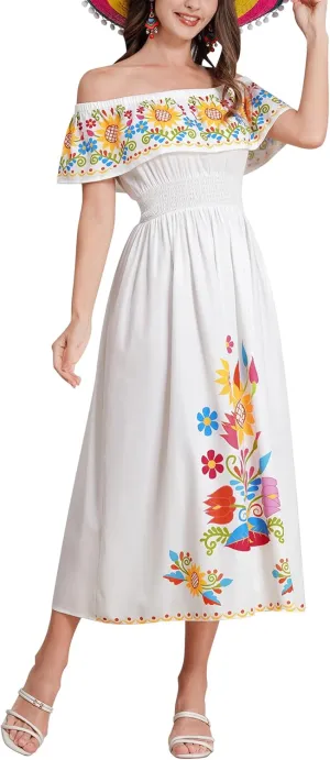 IDOPIP Mexican Dress for Women Off Shoulder Traditional Mexican Fiesta Dress Floral Sunflower Cinco De Mayo Mexican Outfit