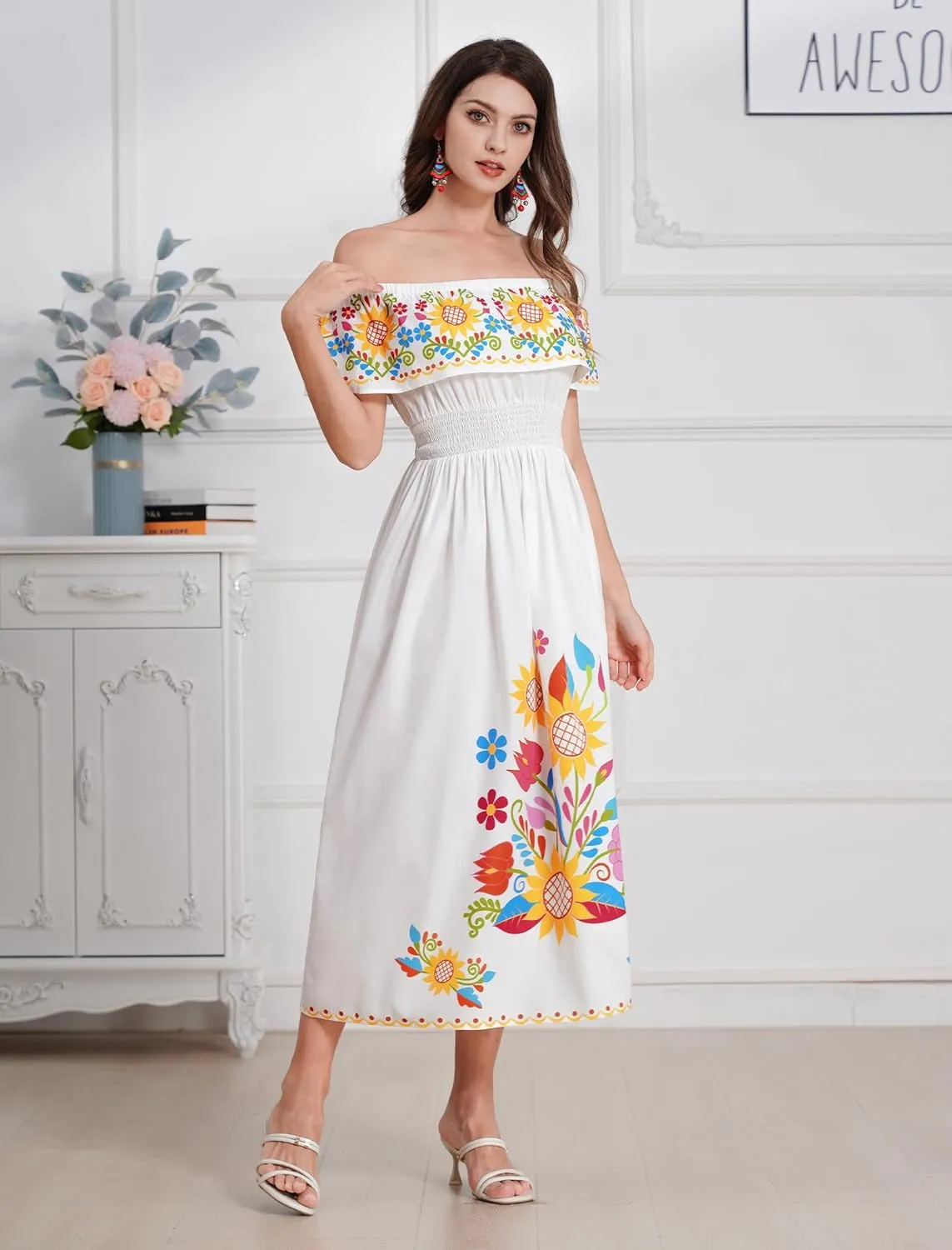 IDOPIP Mexican Dress for Women Off Shoulder Traditional Mexican Fiesta Dress Floral Sunflower Cinco De Mayo Mexican Outfit