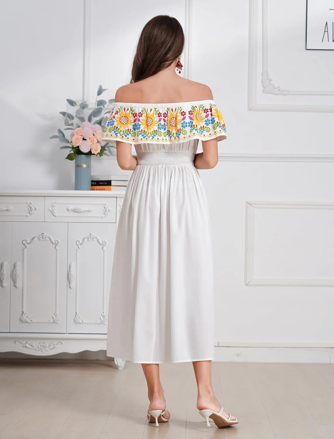 IDOPIP Mexican Dress for Women Off Shoulder Traditional Mexican Fiesta Dress Floral Sunflower Cinco De Mayo Mexican Outfit