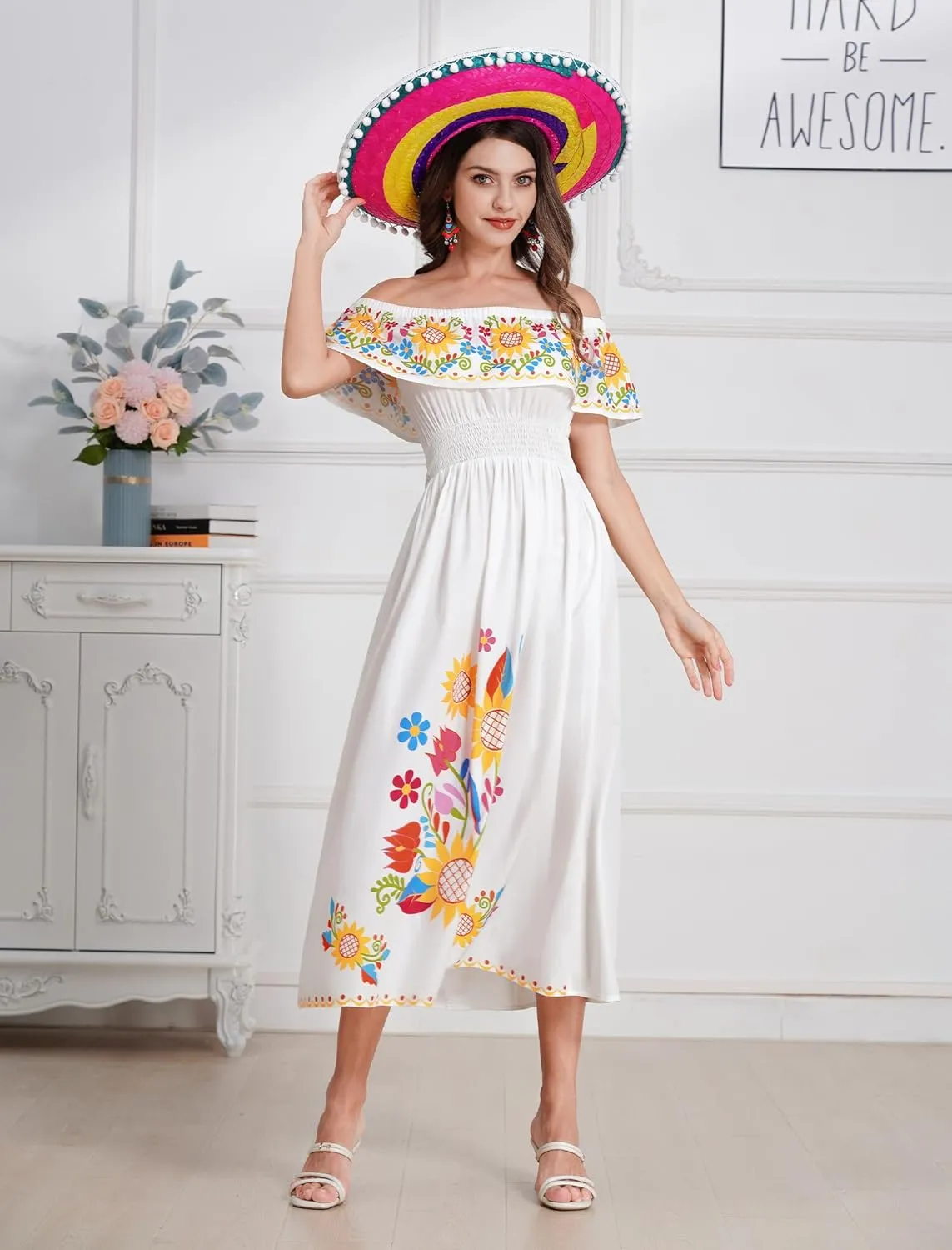 IDOPIP Mexican Dress for Women Off Shoulder Traditional Mexican Fiesta Dress Floral Sunflower Cinco De Mayo Mexican Outfit