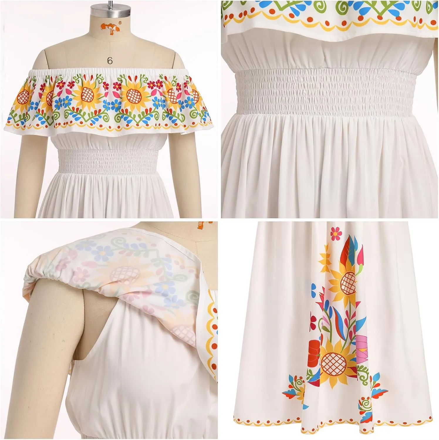 IDOPIP Mexican Dress for Women Off Shoulder Traditional Mexican Fiesta Dress Floral Sunflower Cinco De Mayo Mexican Outfit