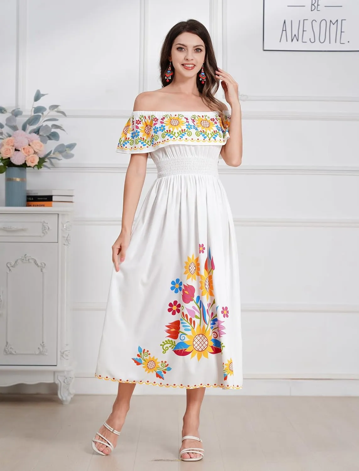 IDOPIP Mexican Dress for Women Off Shoulder Traditional Mexican Fiesta Dress Floral Sunflower Cinco De Mayo Mexican Outfit