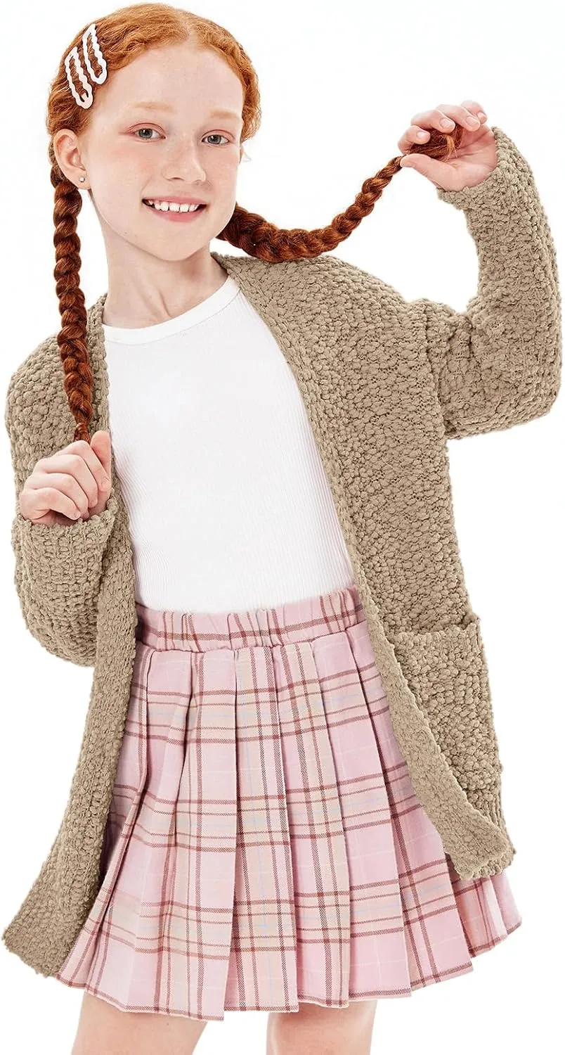 Imily Bela Girls Cardigan Open Front Popcorn Knit Long Sleeve Sweaters Coat with Pockets