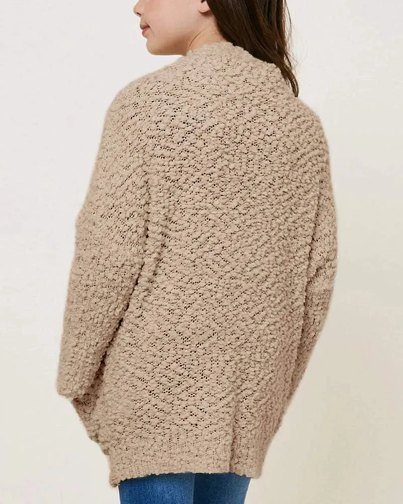 Imily Bela Girls Cardigan Open Front Popcorn Knit Long Sleeve Sweaters Coat with Pockets