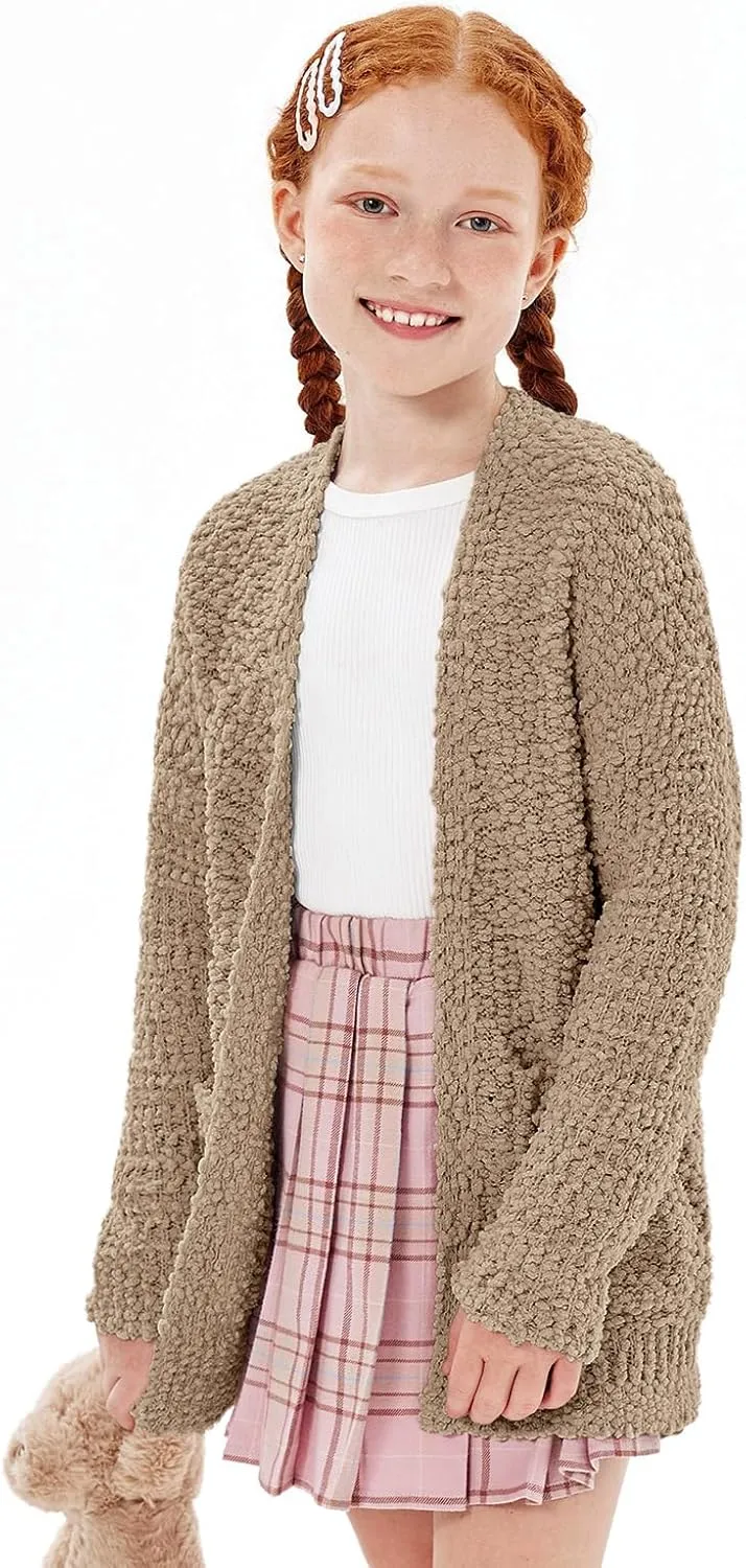 Imily Bela Girls Cardigan Open Front Popcorn Knit Long Sleeve Sweaters Coat with Pockets