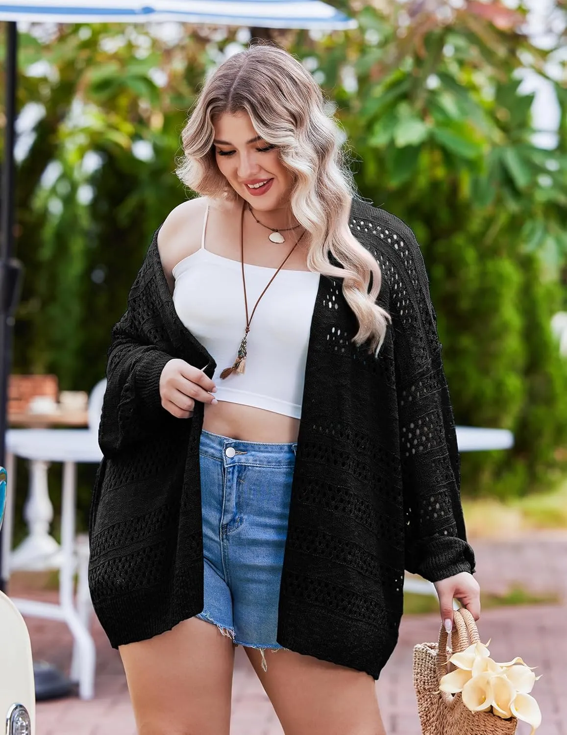 IN'VOLAND Womens Plus Size Crochet Cardigan Kimonos Boho Long Sleeve Oversized Summer Open Front Knitted Sweater