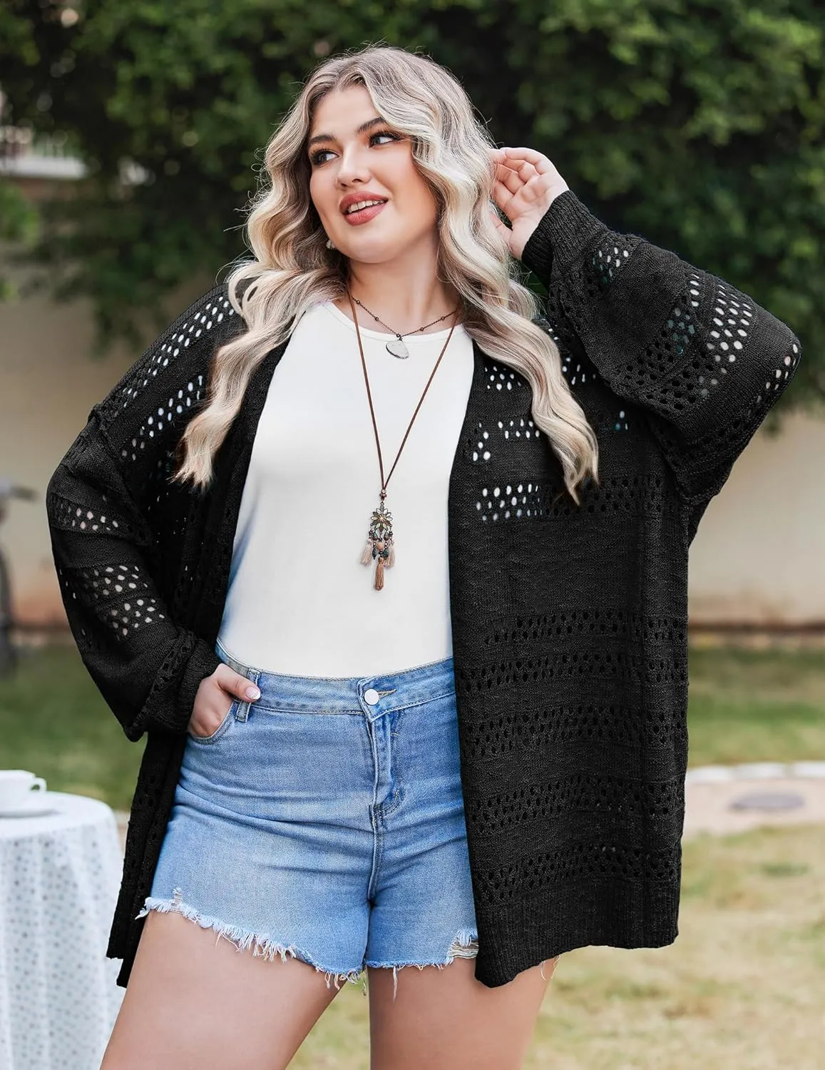 IN'VOLAND Womens Plus Size Crochet Cardigan Kimonos Boho Long Sleeve Oversized Summer Open Front Knitted Sweater
