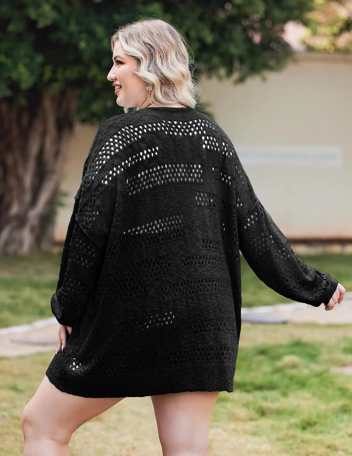 IN'VOLAND Womens Plus Size Crochet Cardigan Kimonos Boho Long Sleeve Oversized Summer Open Front Knitted Sweater