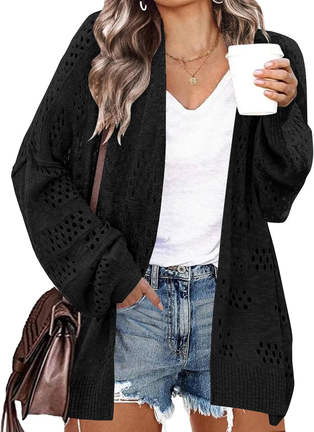 IN'VOLAND Womens Plus Size Crochet Cardigan Kimonos Boho Long Sleeve Oversized Summer Open Front Knitted Sweater