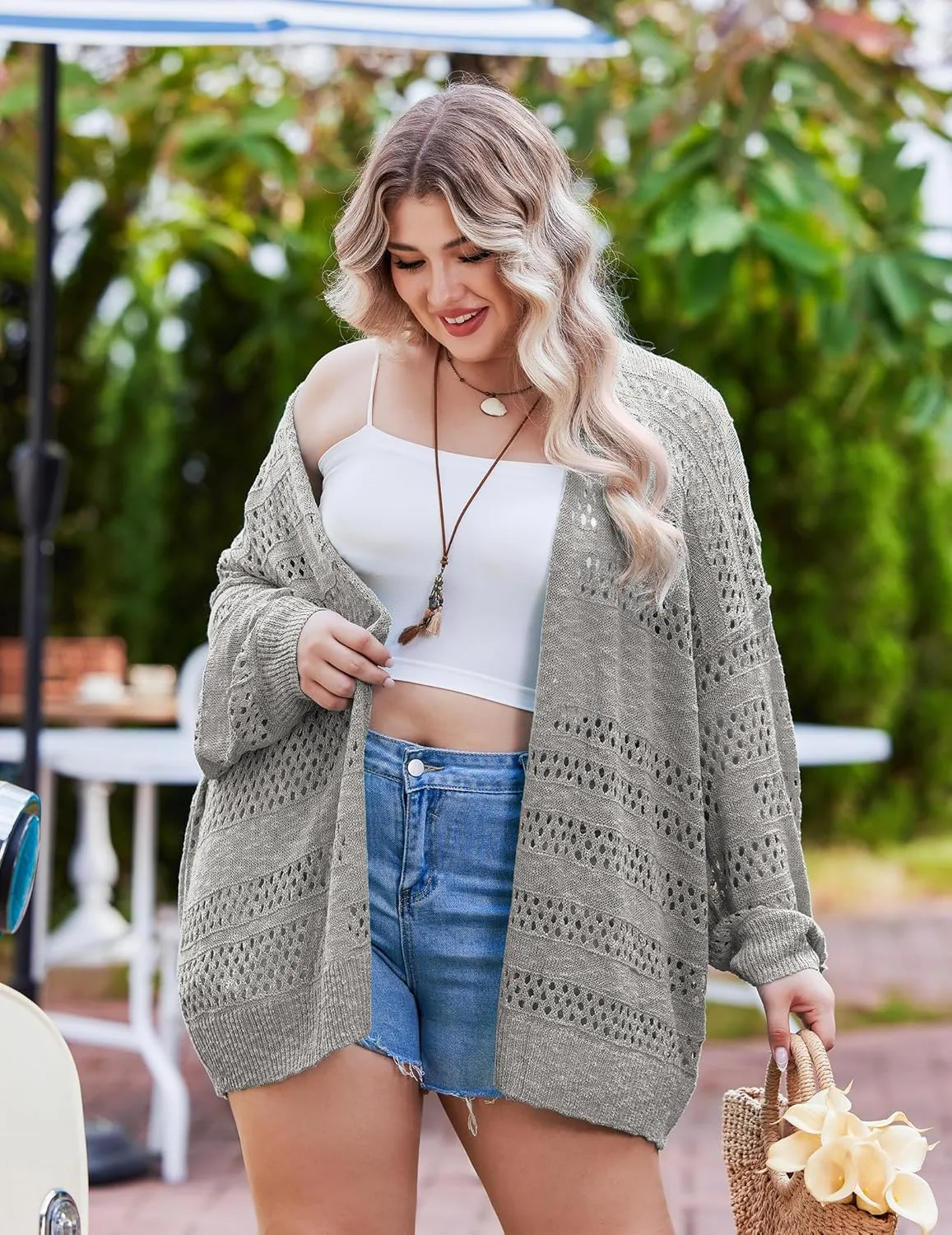 IN'VOLAND Womens Plus Size Crochet Cardigan Kimonos Boho Long Sleeve Oversized Summer Open Front Knitted Sweater