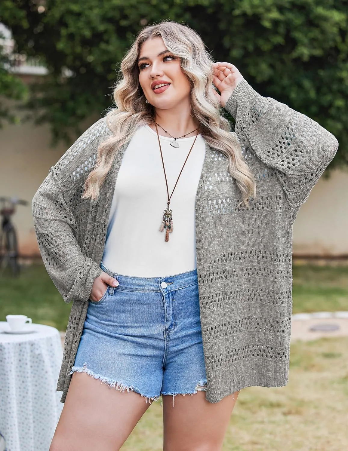 IN'VOLAND Womens Plus Size Crochet Cardigan Kimonos Boho Long Sleeve Oversized Summer Open Front Knitted Sweater