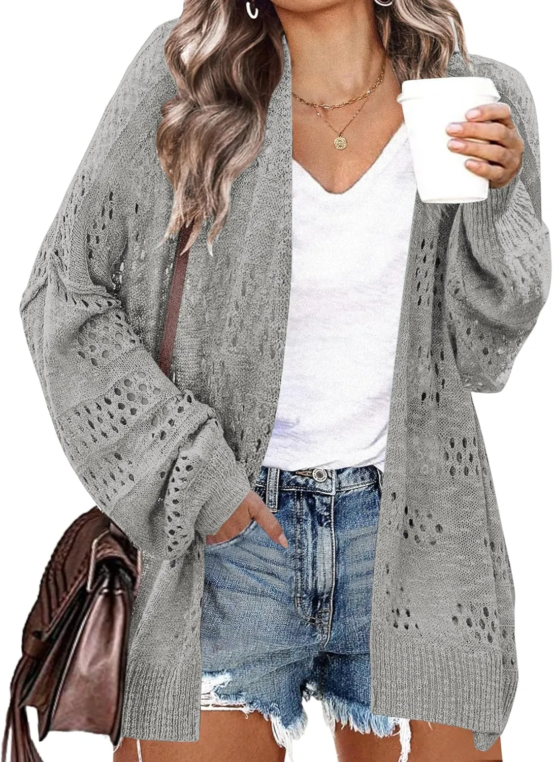 IN'VOLAND Womens Plus Size Crochet Cardigan Kimonos Boho Long Sleeve Oversized Summer Open Front Knitted Sweater