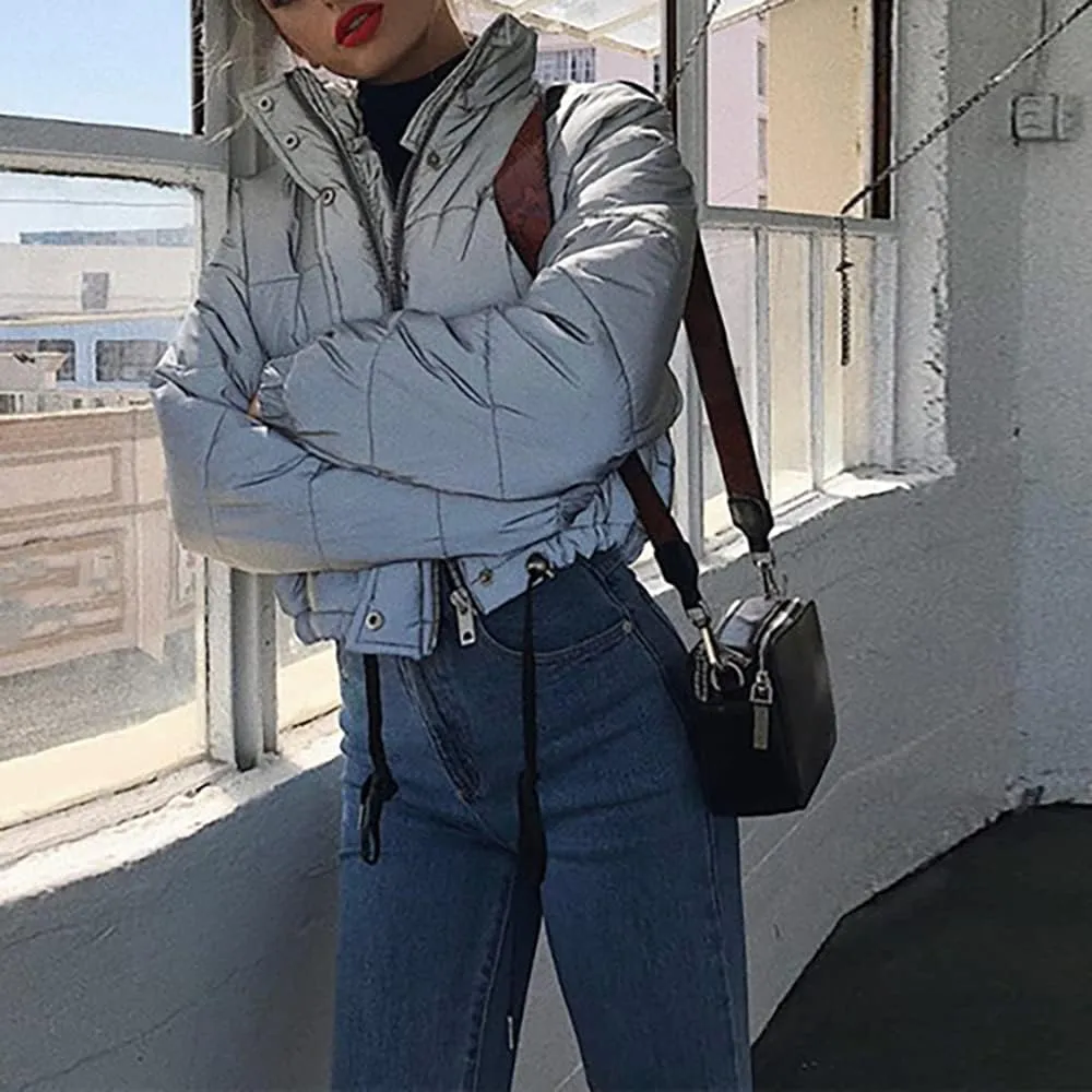 Janepam Women Coat Parka Reflected Light Cropped/Long Cotton Fill Puffer Padded Warm Party Solid Color Pocket Overcoat