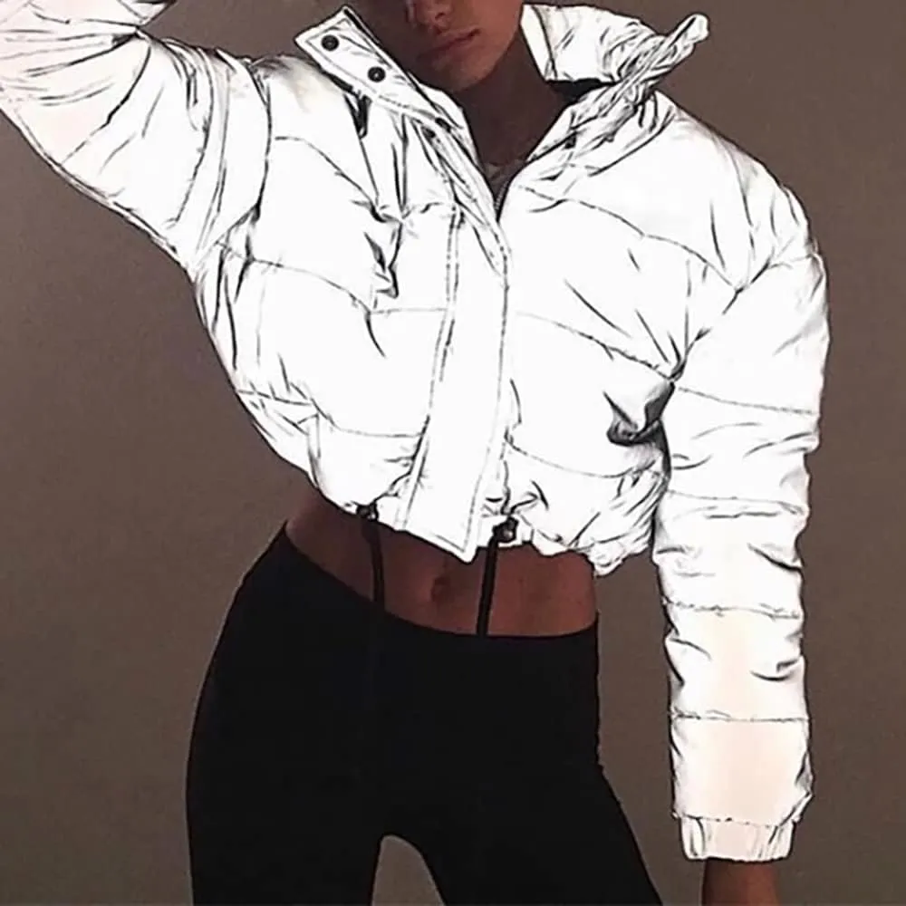 Janepam Women Coat Parka Reflected Light Cropped/Long Cotton Fill Puffer Padded Warm Party Solid Color Pocket Overcoat