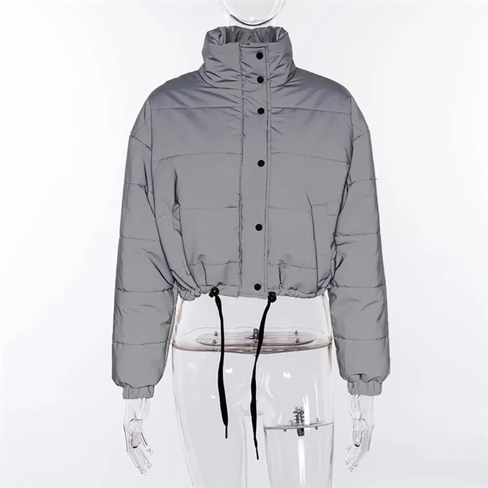 Janepam Women Coat Parka Reflected Light Cropped/Long Cotton Fill Puffer Padded Warm Party Solid Color Pocket Overcoat