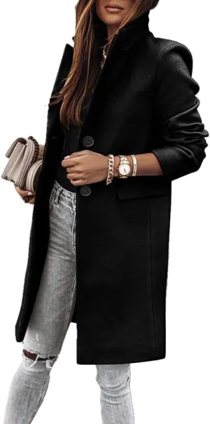 Janepam Women Duffle Coat Windbreaker Solid Color Thigh-Long Jacket Mock Pocket Loose Button Notch Lapel Trench Outerwear