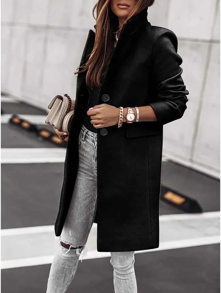 Janepam Women Duffle Coat Windbreaker Solid Color Thigh-Long Jacket Mock Pocket Loose Button Notch Lapel Trench Outerwear
