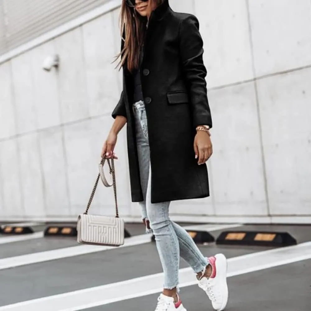 Janepam Women Duffle Coat Windbreaker Solid Color Thigh-Long Jacket Mock Pocket Loose Button Notch Lapel Trench Outerwear