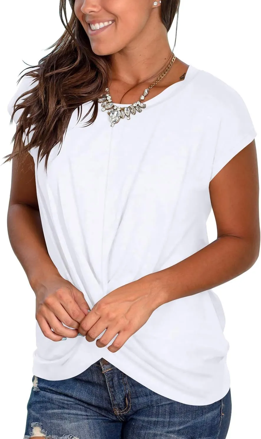 Jescakoo Women's Short Sleeve Round Neck T Shirt Front Twist Tunic Tops Casual Loose Fitted