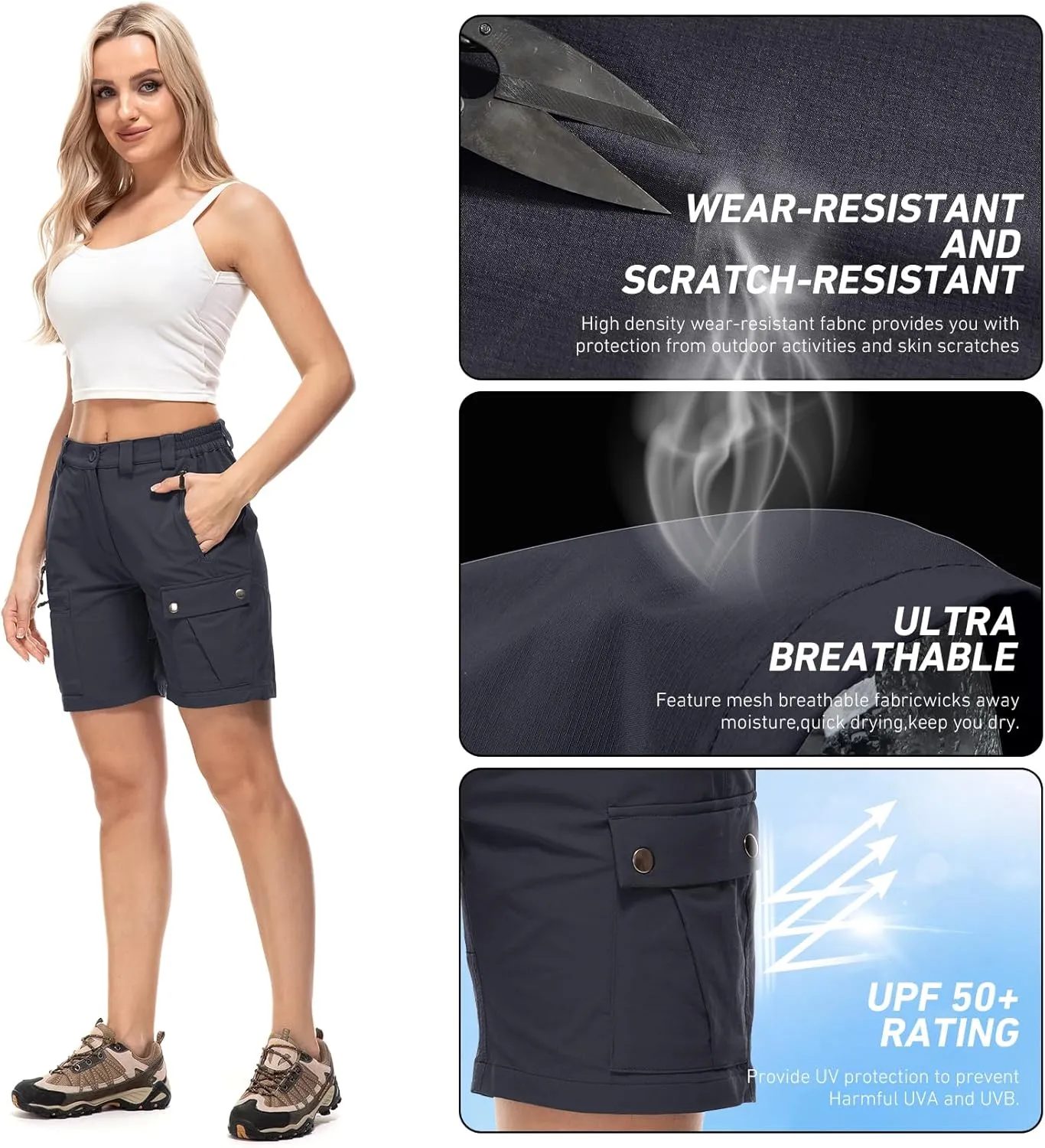 Jessie Kidden Womens Stretch Cargo Hiking Shorts Quick Dry Elastic Waist 7" Casual Shorts for Women